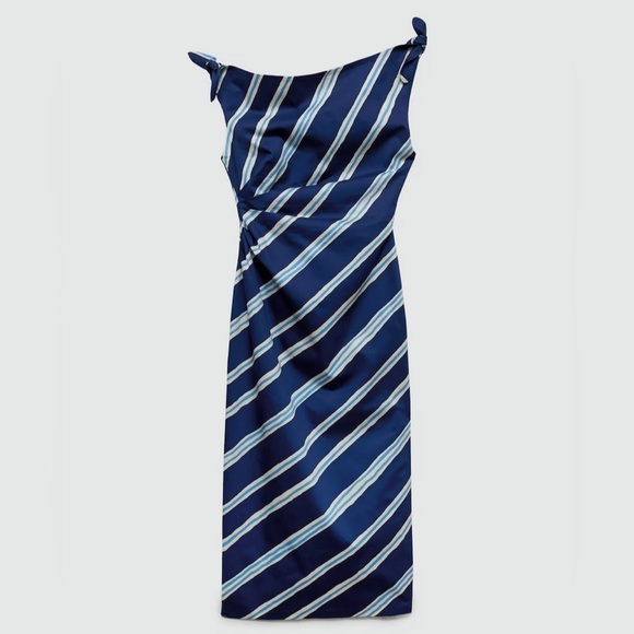 Mango Tie Shoulder 100% Cotton Striped Print Gathered Waist Side Slit Dress NWT - Picture 2 of 13